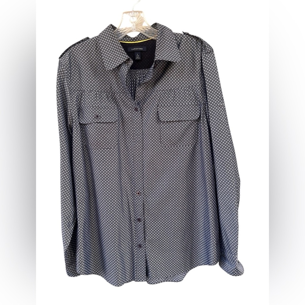 Lands' End Gray and White Polka Dot Blouse - size Large 14/16